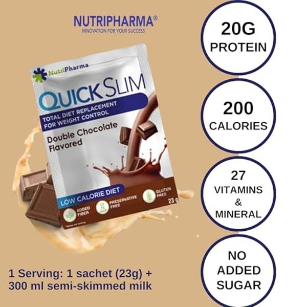 Quick Slim Meal Replacement Shake for Weight Loss, 30 Servings, 20g Protein, 27 Vitamins & Minerals, Dietary Fiber, Low Carb, Gluten Free (Double Chocolate, 30 Sachets)