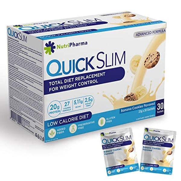 Quick Slim High Protein Shakes for Weight Loss, 30 Servings, Complete Meal Replacement Powder, Diet Shakes for Women & Men, 20g Protein, 27 Vit & Min, Keto, Gluten Free (Banana Coo