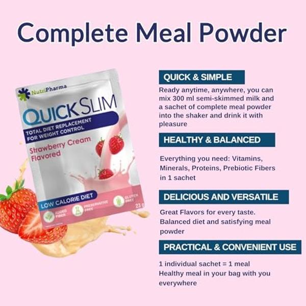 Quick Slim High Protein Weight Loss Shakes for Women & Men, Complete Meal Replacement Powder, Low Carb Diet Shakes, Intermittent Fasting, Keto, Gluten Free (1 serving, Strawberry c