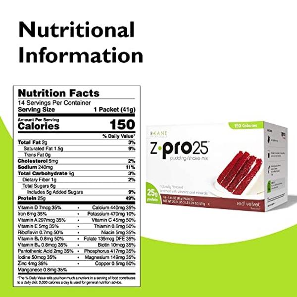 R-Kane Nutritionals Z-Pro Red Velvet Protein Drink Mix - High Protein, Low Calorie Low Fat Shake and Pudding Mix - Meal Replacement, On-The-Go Packets - Breakfast Boost - 25g Prote