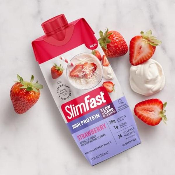 SlimFast Protein Shake, Strawberry- 20g Protein, Meal Replacement Shake Ready to Drink, High Protein with Low Carb and Low Sugar, 24 Vitamins and Minerals, 12 Count (Pack of 1) (Pa