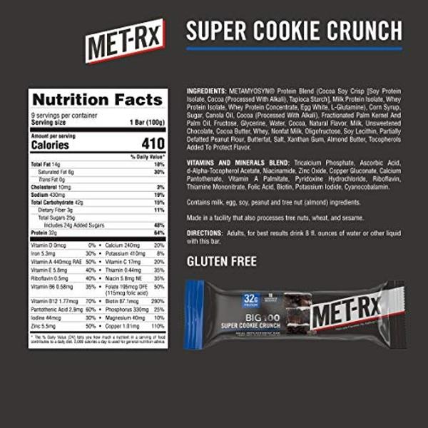MET-Rx Big 100 Protein Bar, Meal Replacement Bar, 32G Protein, Super Cookie Crunch, 9 Bars (Pack of 1)