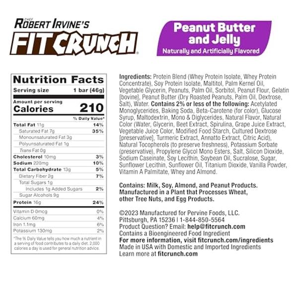 FITCRUNCH Snack Size Protein Bars, Designed by Robert Irvine, 6-Layer Baked Bar, 1g of Sugar, Gluten Free & Soft Cake Core (9 Bars, Peanut Butter and Jelly)