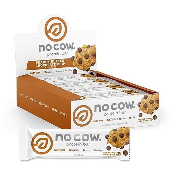 No Cow High Protein Bars, Peanut Butter Chocolate Chip - Healthy Snacks, 20g Vegan Protein, High Fiber, Low Sugar, Dairy & Gluten Free (12 Count)