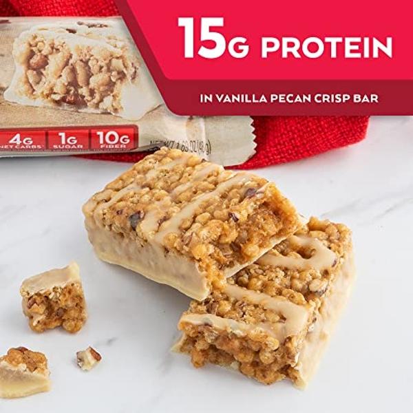 Atkins Vanilla Pecan Crisp Protein Meal Bar, High Fiber, 1g Sugar, 4g Net Carb Meal Replacement, Keto Friendly, 12 Count