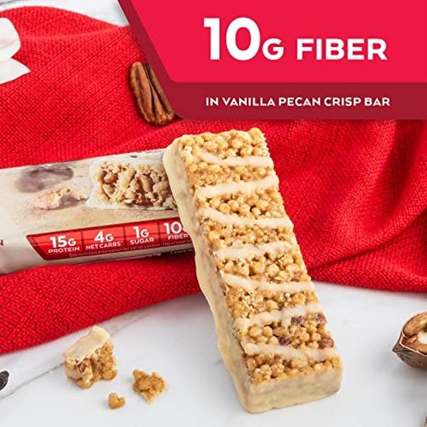 Atkins Vanilla Pecan Crisp Protein Meal Bar, High Fiber, 1g Sugar, 4g Net Carb Meal Replacement, Keto Friendly, 12 Count