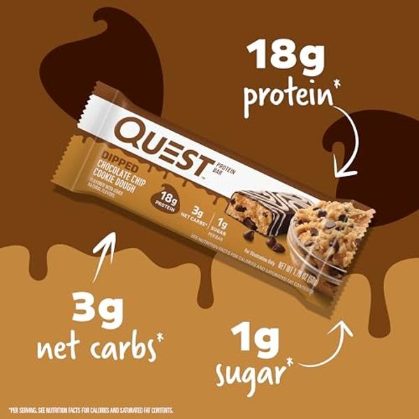 Quest Nutrition Dipped Chocolate Chip Cookie Dough Protein Bars, 18g Protein, 3g Net Carbs, Gluten Free, 1.76 Oz, 12 Count