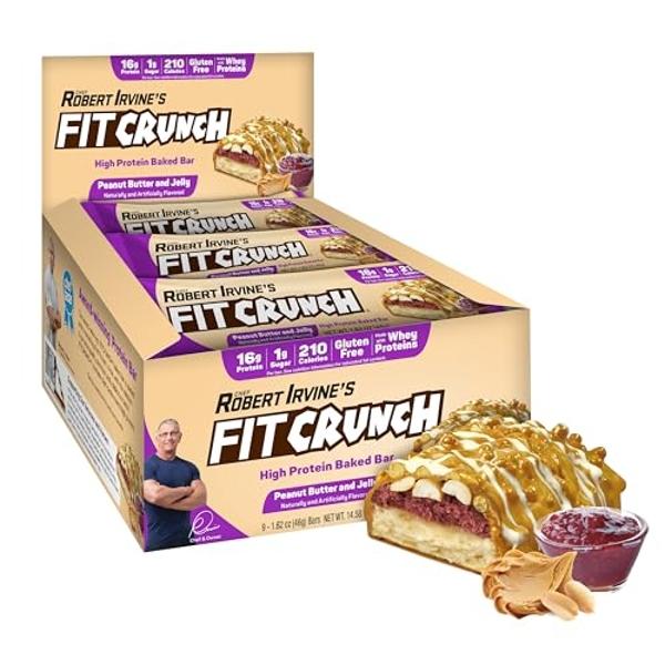 FITCRUNCH Snack Size Protein Bars, Designed by Robert Irvine, 6-Layer Baked Bar, 1g of Sugar, Gluten Free & Soft Cake Core (9 Bars, Peanut Butter and Jelly)