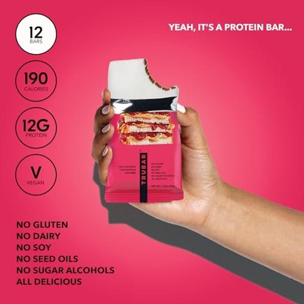 TRUBAR Vegan Protein Bar, Get In My Belly Pb & Jelly, Gluten Free, Plant Based, High Fiber, Dairy Free, Low Fat, Non GMO, No Sugar Alcohols, 12G Lean Protein, 13G Fiber, Healthy Sn