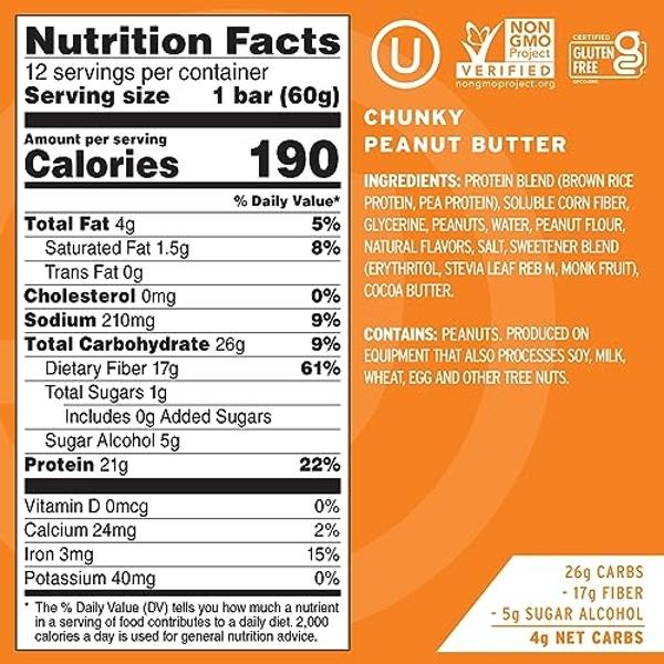 No Cow High Protein Bars, Chunky Peanut Butter - Healthy Snacks, 20g Vegan Protein, High Fiber, Low Sugar, Keto Friendly, Dairy & Gluten Free (12 Count)