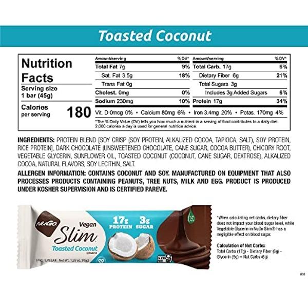 Nugo Slim Dark Chocolate Toasted Coconut, 16g Vegan Protein, 3g Sugar, 7g Fiber, Low Net Carb, Keto Friendly, Gluten Free, 24 Count