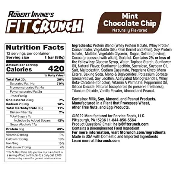 FITCRUNCH Full Size Protein Bars, 6-Layer Baked Bar, 7g of Sugar, Gluten Free & Soft Cake Core (12 Bars, Mint Chocolate Chip)