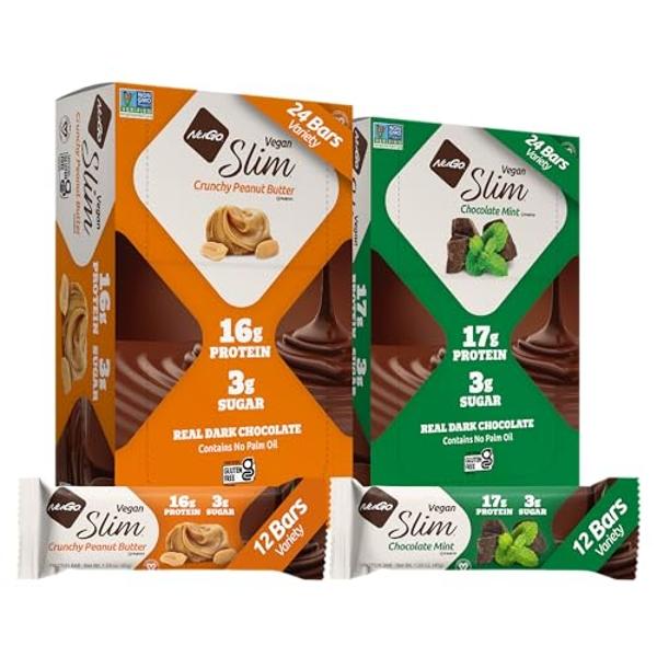 NuGo Slim Vegan Variety - Crunchy Peanut Butter 12 bars & Chocolate Mint 12 bars, Low Net Carb, Keto Friendly, 16-17g Plant Based Protein, Gluten Free, 24 count