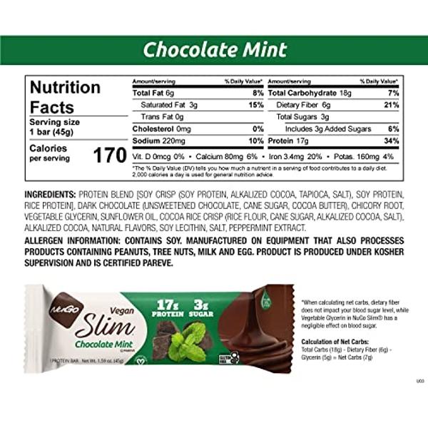 NuGo Slim Vegan Variety - Crunchy Peanut Butter 12 bars & Chocolate Mint 12 bars, Low Net Carb, Keto Friendly, 16-17g Plant Based Protein, Gluten Free, 24 count