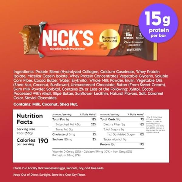 Nick's Protein Bars Chocolate Caramel | 15g protein | 190 calories | Low Carb Keto Friendly Snacks No Added Sugar (Multipack 12 bars x 50g)