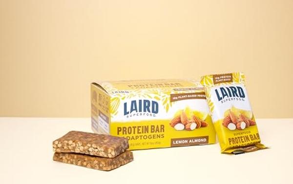 Laird Superfood Functional Protein Bars – Protein Bar but Better with Real Ingredients, Functional Mushrooms 10g Plant-Based Protein, 6g Fiber - Non-GMO - Lemon Almond, 10 Count (P