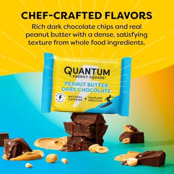 Quantum Energy Square: Energy Bar with Caffeine & 10g Protein. Delicious Healthy Snack On The Go. (Vegan, Gluten-free, Soy-free, Dairy-free) (Peanut Butter Dark Chocolate)