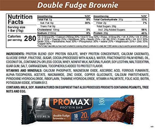 Promax Protein Bar, Double Fudge Brownie, 20g High Protein, Gluten Free, 12 Count