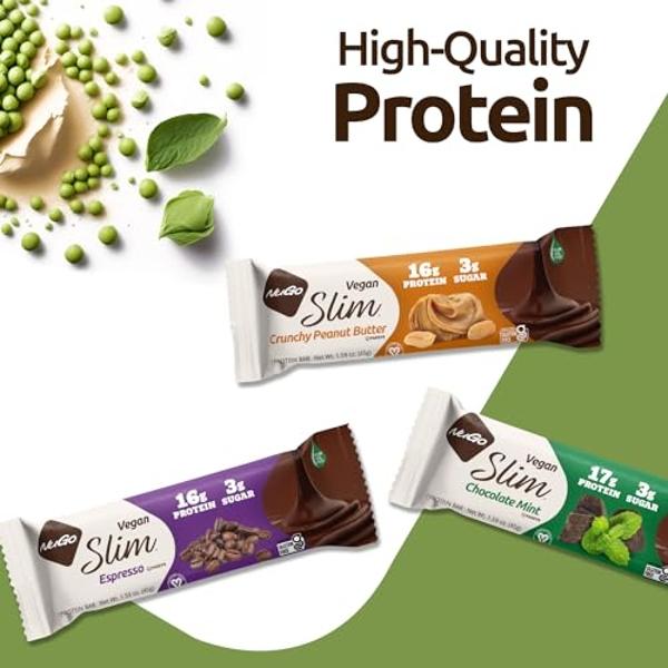 NuGo Slim Vegan Variety - Crunchy Peanut Butter 12 bars & Chocolate Mint 12 bars, Low Net Carb, Keto Friendly, 16-17g Plant Based Protein, Gluten Free, 24 count