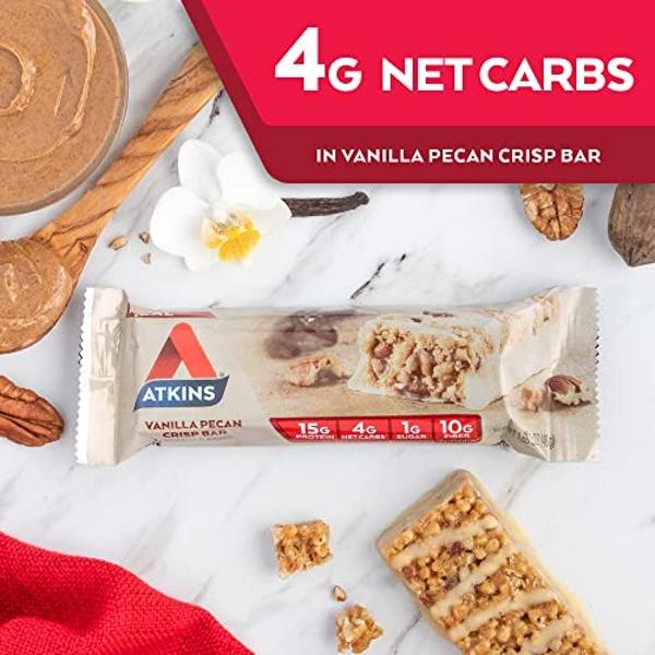 Atkins Vanilla Pecan Crisp Protein Meal Bar, High Fiber, 1g Sugar, 4g Net Carb Meal Replacement, Keto Friendly, 12 Count