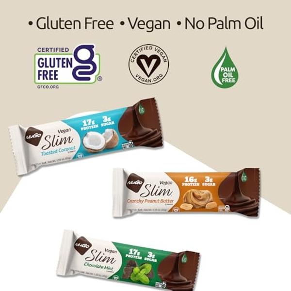 NuGo Slim Vegan Variety - Crunchy Peanut Butter 12 bars & Chocolate Mint 12 bars, Low Net Carb, Keto Friendly, 16-17g Plant Based Protein, Gluten Free, 24 count