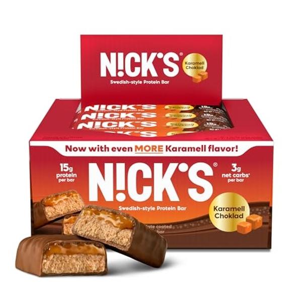 Nick's Protein Bars Chocolate Caramel | 15g protein | 190 calories | Low Carb Keto Friendly Snacks No Added Sugar (Multipack 12 bars x 50g)
