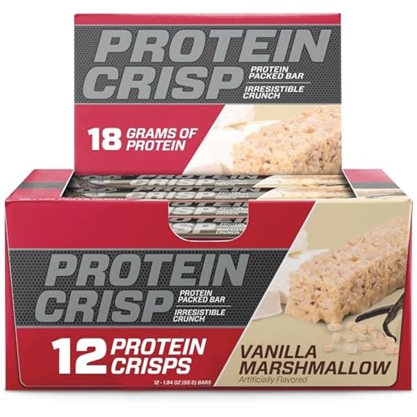 BSN Protein Crisp Bar, Protein Snack Bars, Crunch Bars with Whey Protein and Fiber, Gluten Free, Vanilla Marshmallow, 12 Count (Packaging May Vary)