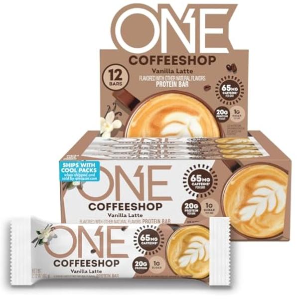 ONE Coffee Shop Caffeinated Protein Bars, Vanilla Latte, Gluten Free with 20g Protein and 65mg of Caffeine Energy, Pantry Staples, 2.12 oz (12 Count), Packaging May Vary