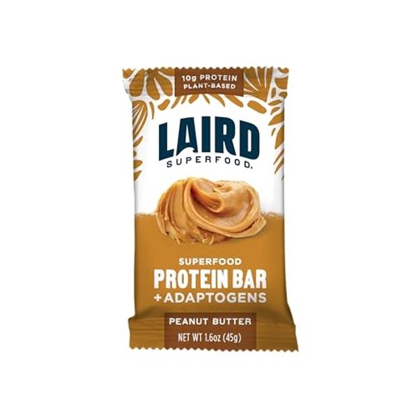 Laird Superfood Functional Protein Bars – Protein Bar but Better with Real Ingredients, Functional Mushrooms 10g Plant-Based Protein, 6g Fiber - Non-GMO - Peanut Butter, 10 Count (