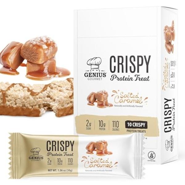 Genius Gourmet Crispy Protein Treat, Salted Caramel, Keto Snack, Low Carb, Low Sugar & Gluten Free, Protein Snacks for Adults, 10G of Whey Protein per Protein Bar, 5 Net Carbs, On 