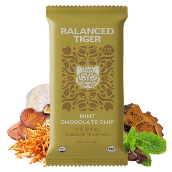 Organic Functional Mushroom Vegan Protein Bars | Made in USA | Full Dose (1500mg) Lions Mane, Chaga, Reishi & Cordyceps Bars | Plant Protein Bars w/ Adaptogens & Superfoods | Mint 