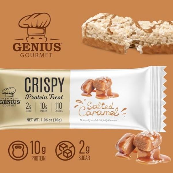 Genius Gourmet Crispy Protein Treat, Salted Caramel, Keto Snack, Low Carb, Low Sugar & Gluten Free, Protein Snacks for Adults, 10G of Whey Protein per Protein Bar, 5 Net Carbs, On 