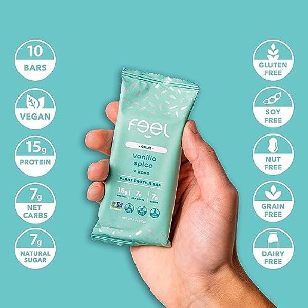 Feel Vegan Protein Bars | Vanilla Chai Bliss | Keto | Gluten Free | Organic | Kava | 15g Plant Protein | Low Carb | High Protein | Dairy Free | Low Sugar | Grain Free | Nut Free | 