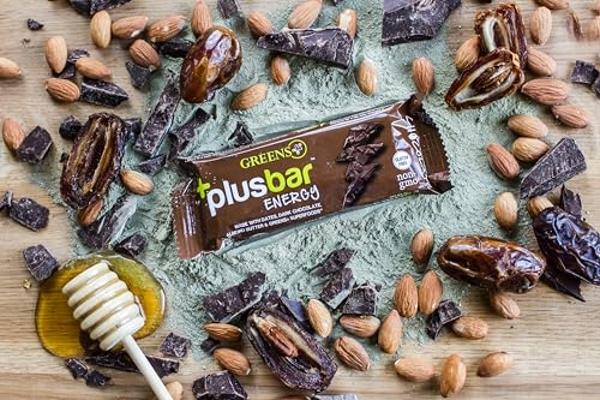Greens+ Plusbar Energy Bars, Chocolate, Gluten Free Healthy Snacks with Organic Super Greens, Superfoods & Dark Chocolate, Vegan, Dairy Free & Non GMO, 8g Protein Meal Replacement 