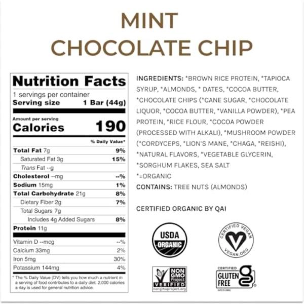 Organic Functional Mushroom Vegan Protein Bars | Made in USA | Full Dose (1500mg) Lions Mane, Chaga, Reishi & Cordyceps Bars | Plant Protein Bars w/ Adaptogens & Superfoods | Mint 