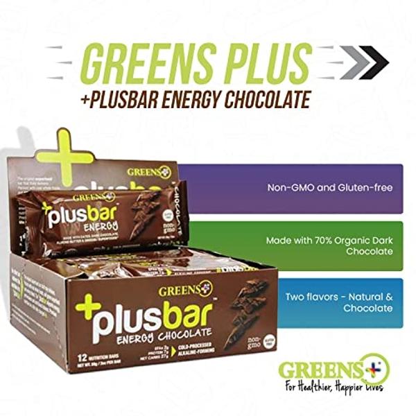 Greens+ Plusbar Energy Bars, Chocolate, Gluten Free Healthy Snacks with Organic Super Greens, Superfoods & Dark Chocolate, Vegan, Dairy Free & Non GMO, 8g Protein Meal Replacement 