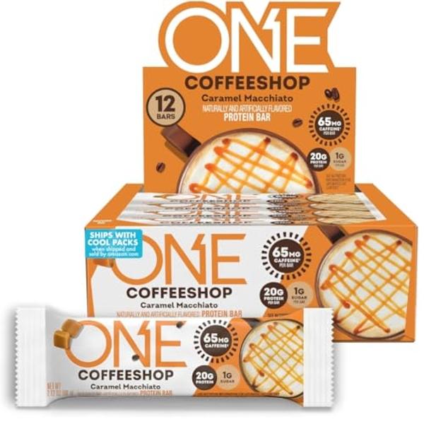 ONE Coffee Shop Caffeinated Protein Bars, Caramel Macchiato, Gluten Free with 20g Protein and 65mg of Caffeine Energy, Pantry Staples, 2.12 oz (12 Count), Packaging May Vary