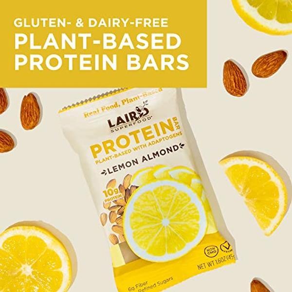 Laird Superfood Functional Protein Bars – Protein Bar but Better with Real Ingredients, Functional Mushrooms 10g Plant-Based Protein, 6g Fiber - Non-GMO - Lemon Almond, 10 Count (P