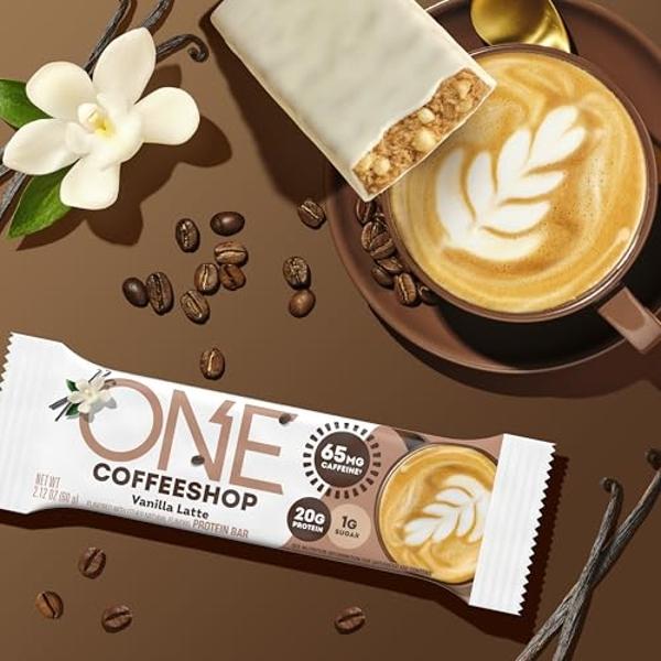 ONE Coffee Shop Caffeinated Protein Bars, Vanilla Latte, Gluten Free with 20g Protein and 65mg of Caffeine Energy, Pantry Staples, 2.12 oz (12 Count), Packaging May Vary