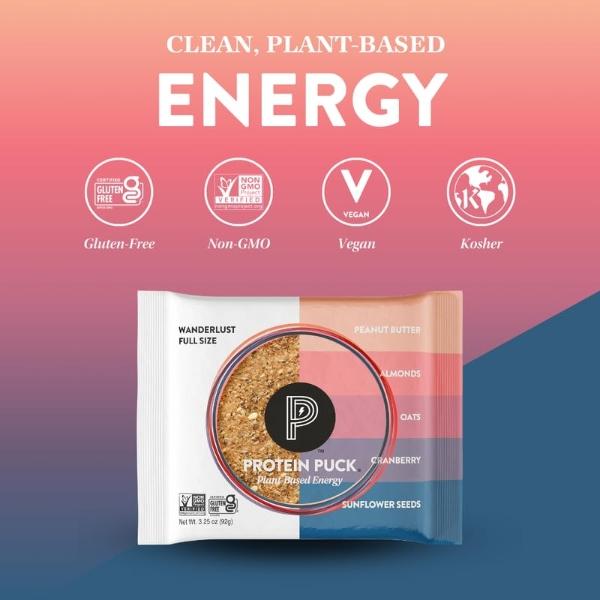 Protein Puck Plant Based Bars | Snacks with Vegan Protein | 16 Count | 3.25 oz Full Size | Gluten Free, Non Dairy, Kosher Certified Non GMO Premium Healthy Bars | Wanderlust
