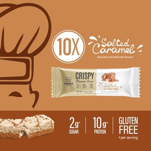 Genius Gourmet Crispy Protein Treat, Salted Caramel, Keto Snack, Low Carb, Low Sugar & Gluten Free, Protein Snacks for Adults, 10G of Whey Protein per Protein Bar, 5 Net Carbs, On 
