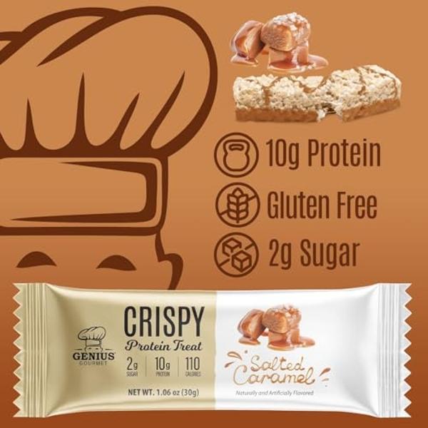 Genius Gourmet Crispy Protein Treat, Salted Caramel, Keto Snack, Low Carb, Low Sugar & Gluten Free, Protein Snacks for Adults, 10G of Whey Protein per Protein Bar, 5 Net Carbs, On 