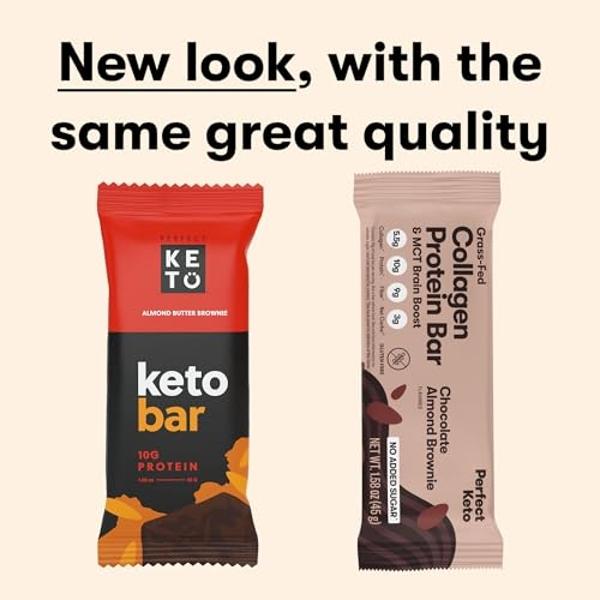 Perfect Keto Collagen Protein Bar, Gluten Free with Grass Fed Collagen + MCT Oil, Low Carb, No Sugar Added, High Protein Snacks, Keto Diet Foods, 10g Protein, 19g Fat, 2g Net Carbs