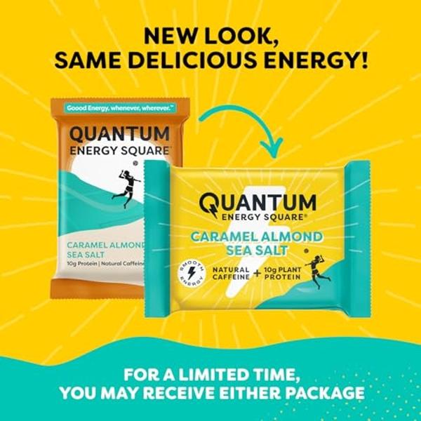 Quantum Energy Square: Energy Bar with Caffeine & 10g Protein. Delicious Healthy Snack On The Go. (Vegan, Gluten-free, Soy-free, Dairy-free) (Caramel Almond Sea Salt)