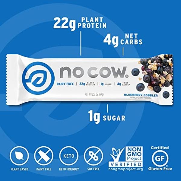 No Cow High Protein Bars, Blueberry Cobbler - Healthy Snacks, 20g Vegan Protein, High Fiber, Low Sugar, Keto Friendly, Dairy & Gluten Free (12 Count)
