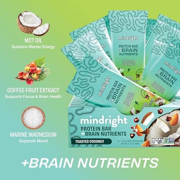 MINDRIGHT Superfood Vegan Protein Bars - Gluten Free Non-Gmo Low Sugar - Plant based protein bars - All Natural Brain Food Healthy Snack To Help Enhance Mood & Energy (Toasted Coco