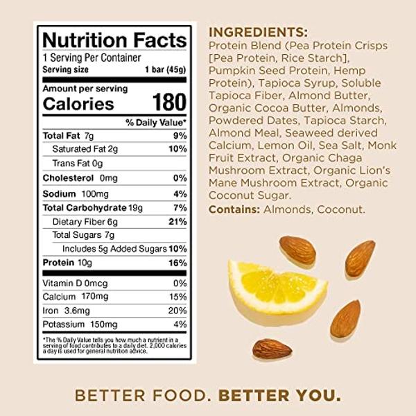 Laird Superfood Functional Protein Bars – Protein Bar but Better with Real Ingredients, Functional Mushrooms 10g Plant-Based Protein, 6g Fiber - Non-GMO - Lemon Almond, 10 Count (P