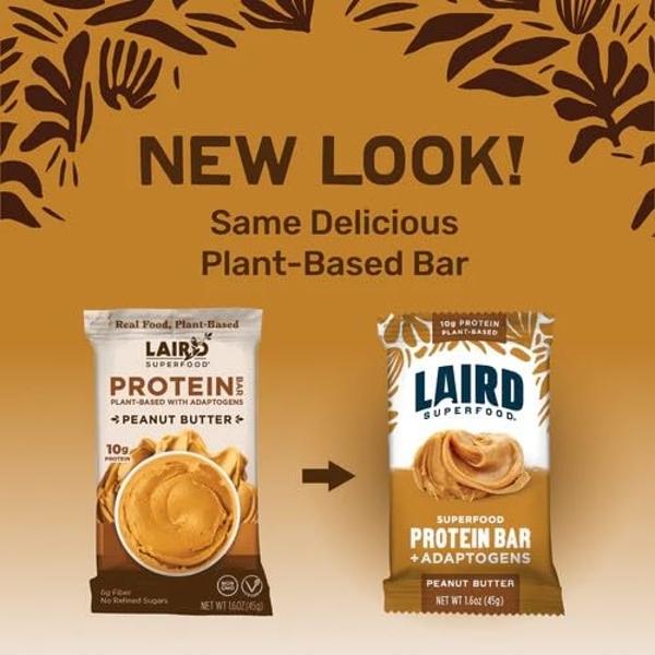 Laird Superfood Functional Protein Bars – Protein Bar but Better with Real Ingredients, Functional Mushrooms 10g Plant-Based Protein, 6g Fiber - Non-GMO - Peanut Butter, 10 Count (