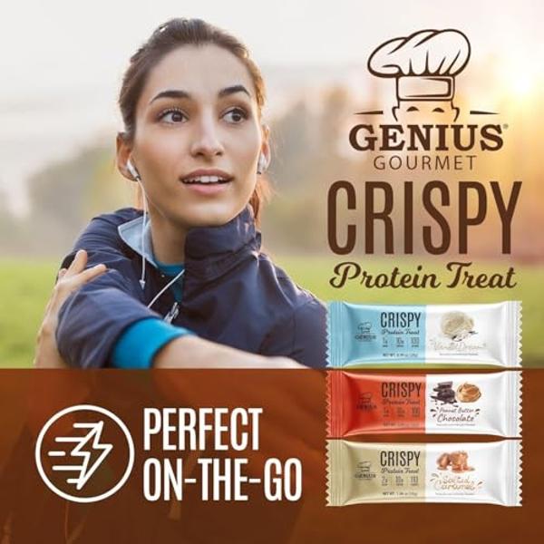 Genius Gourmet Crispy Protein Treat, Salted Caramel, Keto Snack, Low Carb, Low Sugar & Gluten Free, Protein Snacks for Adults, 10G of Whey Protein per Protein Bar, 5 Net Carbs, On 