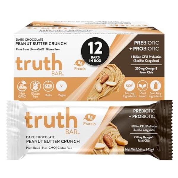 Truth Bar Prebiotic & Probiotic Keto Snack Vegan Bars with Omega-3's - Synbiotic High Fiber Snacks - Low Sugar, Kosher, Gluten Free - Dark Chocolate Peanut Butter Crunch (Pack of 1